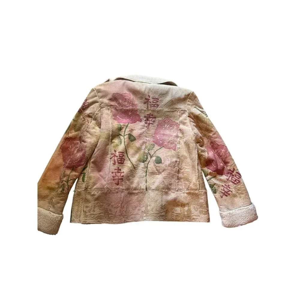 Vintage Méchant Sherpa Lined Floral Jacquard Jacket Asian Script Roses Small
